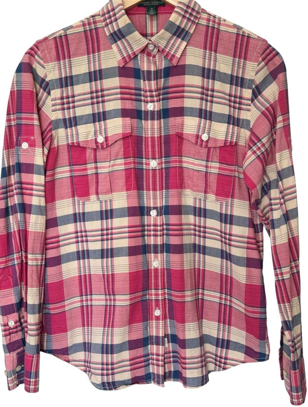 Ralph Lauren Jeans Co Shirt Womens Medium Pink Plaid Button Up Roll Tab Sleeves